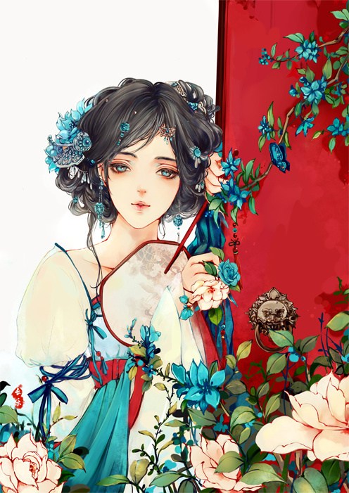 紅梳手 大紅巾美女古風圖片