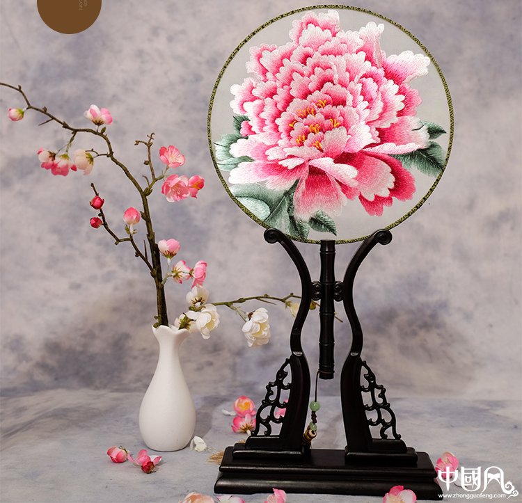 古典家佳樂(lè)文學(xué)牡丹繡花手工刺繡團(tuán)扇