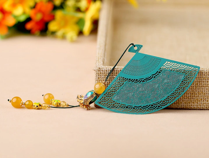 鏤空金屬扇形家佳樂文學(xué)綠色瑪瑙流蘇書簽