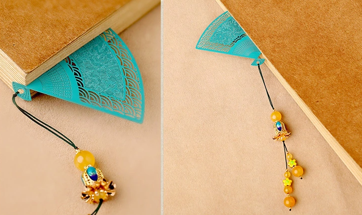 鏤空金屬扇形家佳樂文學(xué)綠色瑪瑙流蘇書簽