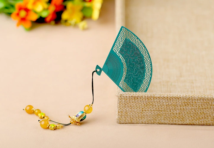 鏤空金屬扇形家佳樂文學(xué)綠色瑪瑙流蘇書簽