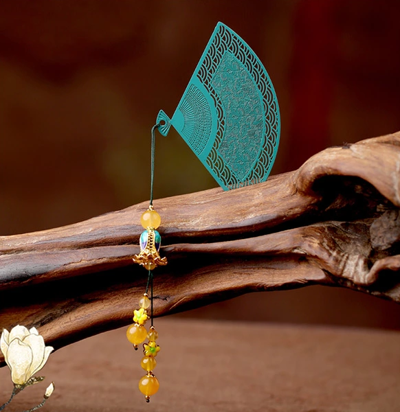 鏤空金屬扇形家佳樂文學(xué)綠色瑪瑙流蘇書簽