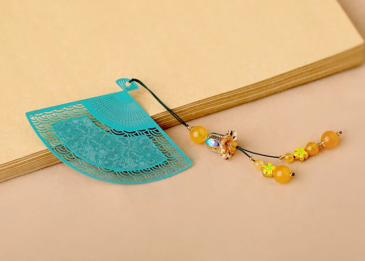 鏤空金屬扇形家佳樂文學(xué)綠色瑪瑙流蘇書簽