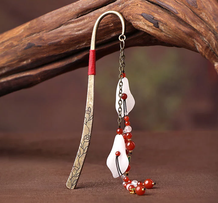 家佳樂文學(xué)古典精美白玉紅瑪瑙流蘇創(chuàng)意書簽