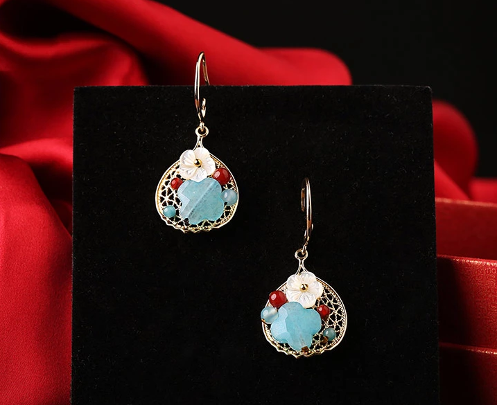 彩玉貝殼花耳墜復(fù)古可愛耳環(huán)