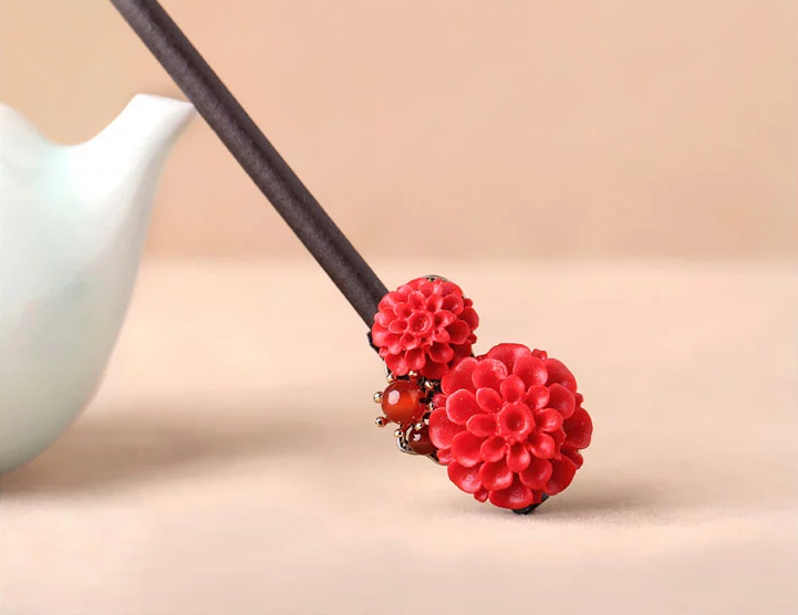 家佳樂文學(xué)漆雕花朵民族風(fēng)紅色簪子新娘頭飾