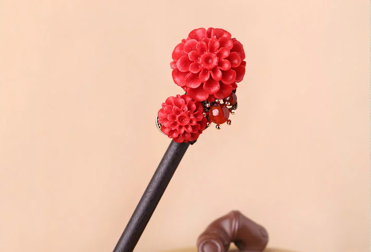 家佳樂文學(xué)漆雕花朵民族風(fēng)紅色簪子新娘頭飾