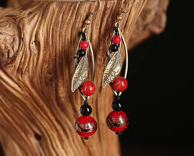 紅琉璃樹葉首飾復古氣質(zhì)耳環(huán)