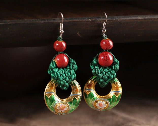 復(fù)古風(fēng)中國結(jié)耳環(huán)綠色景泰藍(lán)耳墜首飾