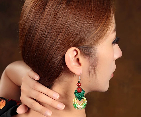 復(fù)古風(fēng)中國結(jié)耳環(huán)綠色景泰藍(lán)耳墜首飾