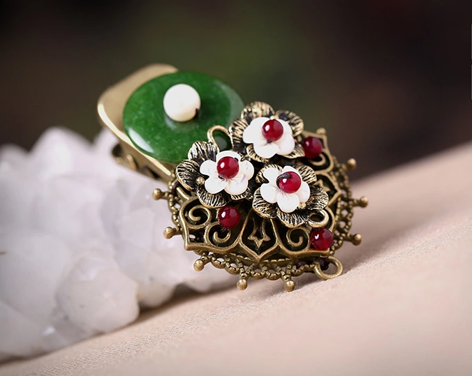時尚家佳樂文學(xué)頭飾，復(fù)古民族風(fēng)綠彩玉扣發(fā)夾