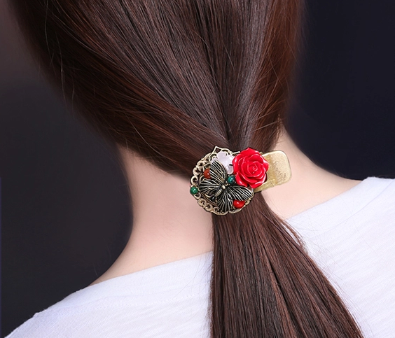 漆雕玫瑰復(fù)古盤發(fā)頭飾，金屬鴨嘴夾發(fā)夾