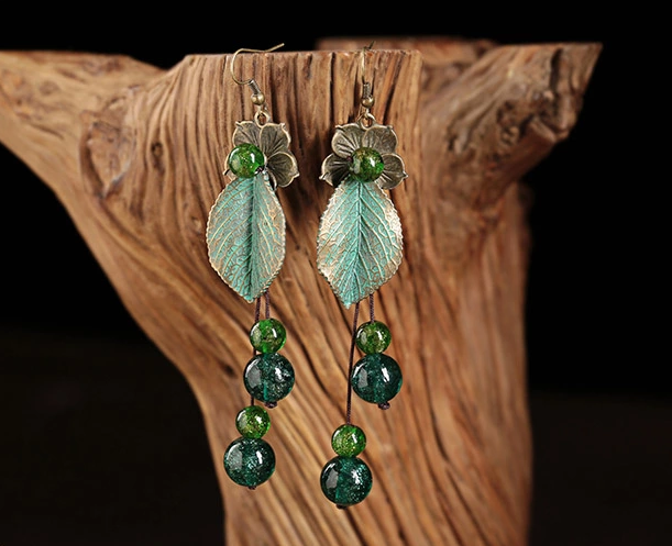 民族風樹葉綠色琉璃耳墜氣質復古耳環(huán)