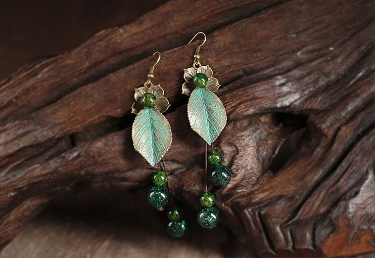 民族風樹葉綠色琉璃耳墜氣質復古耳環(huán)