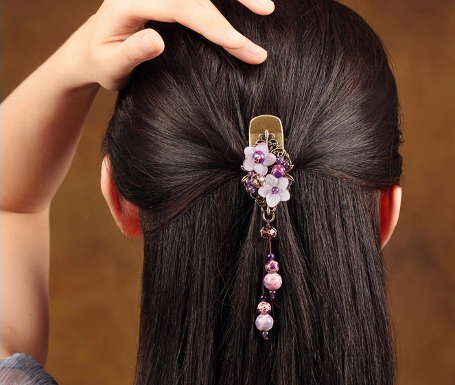 淡紫色貝殼花發(fā)夾，復(fù)古風(fēng)流蘇頭飾