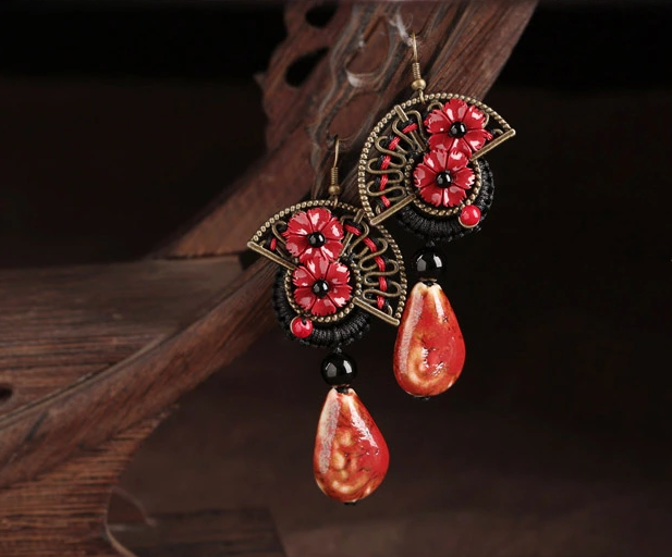 紅花朵陶瓷家佳樂文學耳環(huán)首飾