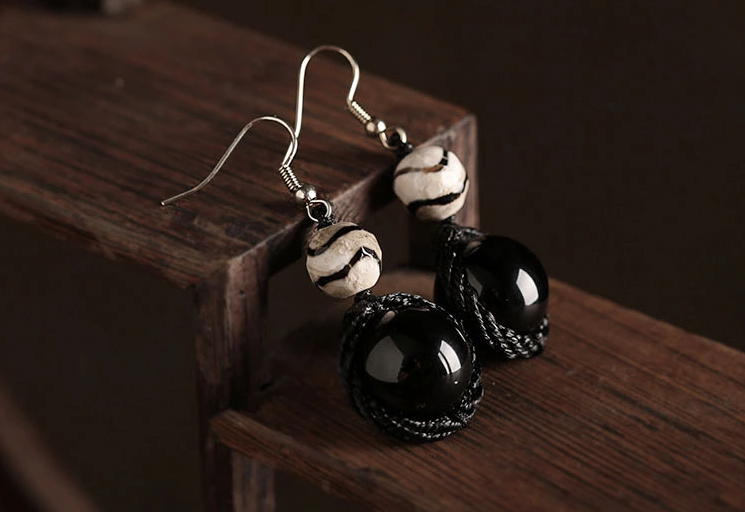 黑瑪瑙天珠耳墜西藏復古風耳環(huán)首飾