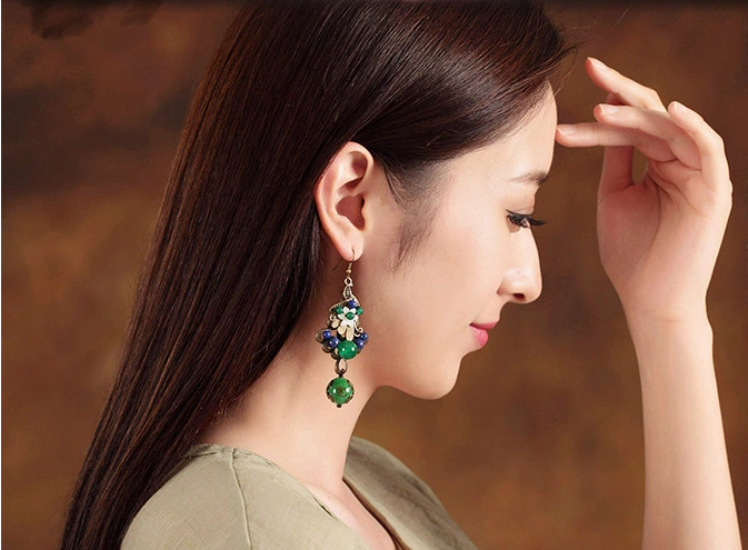 雀織錦屏復(fù)古家佳樂文學(xué)綠色孔雀琉璃耳環(huán)首飾