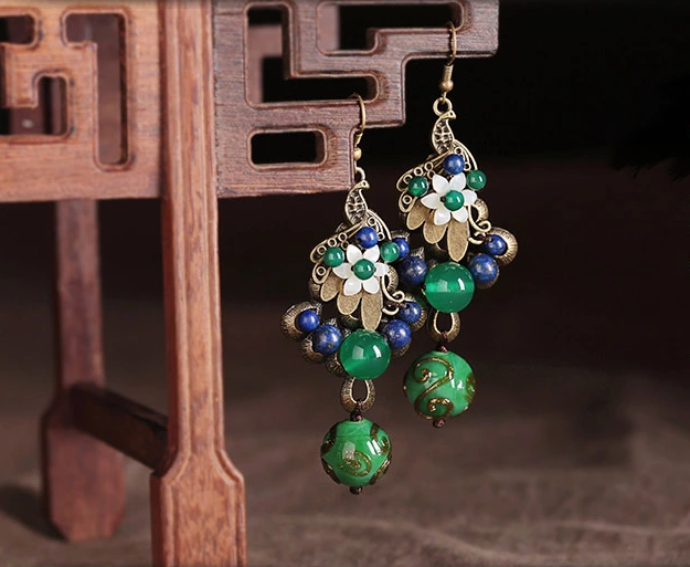 雀織錦屏復(fù)古家佳樂文學(xué)綠色孔雀琉璃耳環(huán)首飾