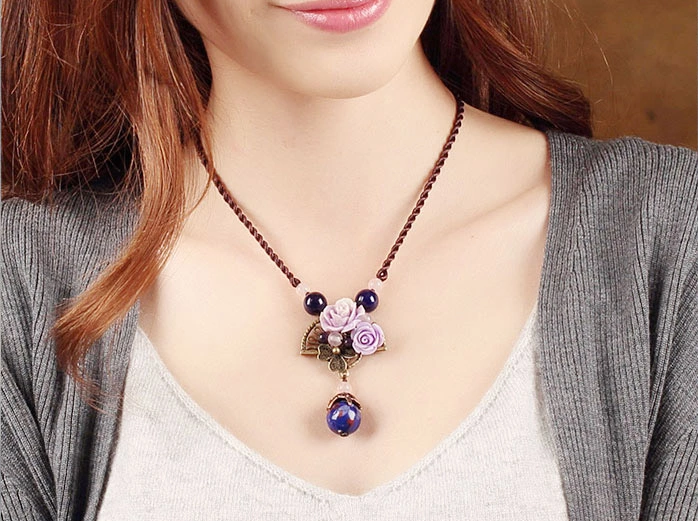 貝殼紫玫瑰花朵吊墜鎖骨鏈復(fù)古風(fēng)項(xiàng)鏈