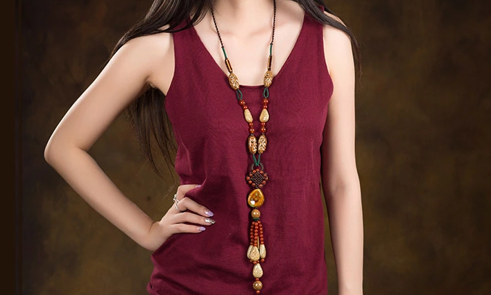 陶瓷紅瑪瑙民族風毛衣鏈長款項鏈首飾