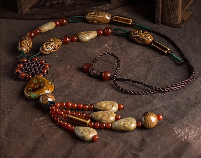 陶瓷紅瑪瑙民族風毛衣鏈長款項鏈首飾