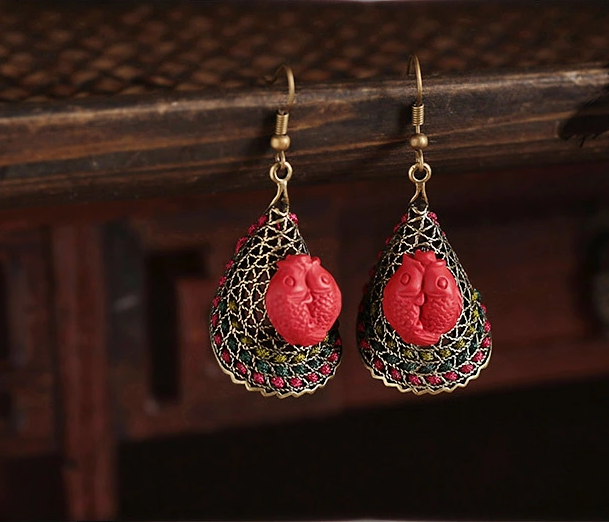 復古耳墜朱砂紅魚古典耳環(huán)首飾