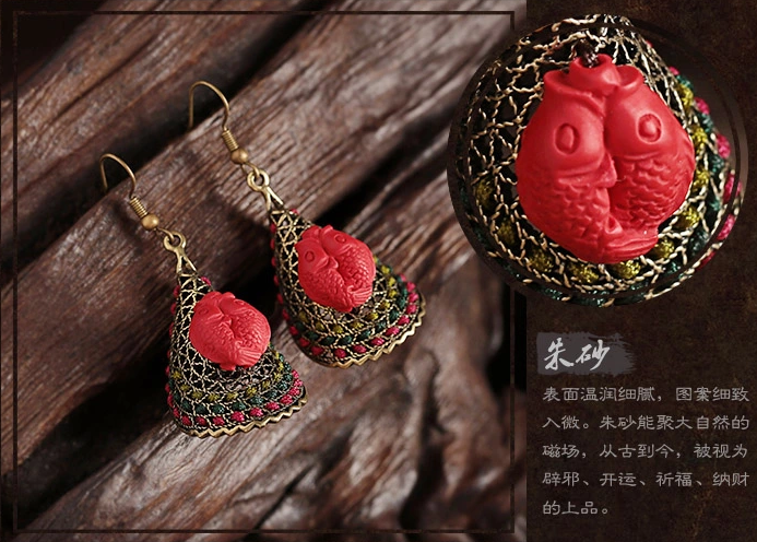 復古耳墜朱砂紅魚古典耳環(huán)首飾