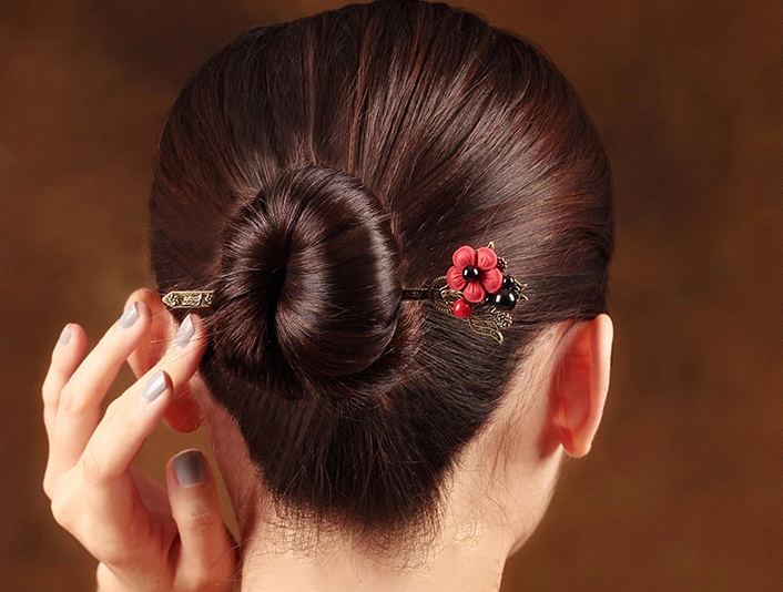 家佳樂文學紅色花朵簪子清新頭飾