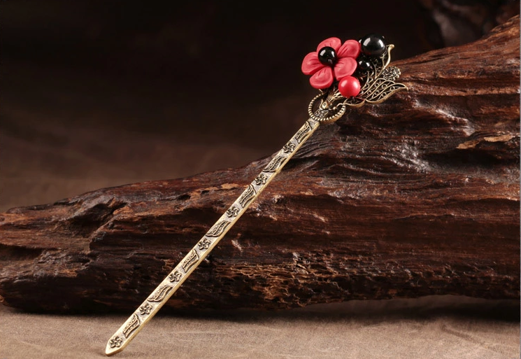 家佳樂文學紅色花朵簪子清新頭飾