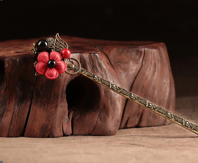 家佳樂文學紅色花朵簪子清新頭飾