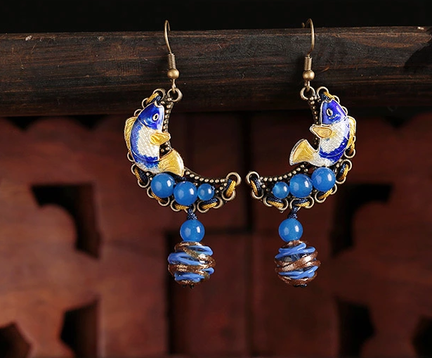 家佳樂文學(xué)古典耳環(huán)，景泰藍(lán)魚耳墜首飾