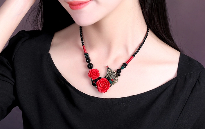 家佳樂(lè)文學(xué)紅色玫瑰吊墜復(fù)古項(xiàng)鏈新娘首飾