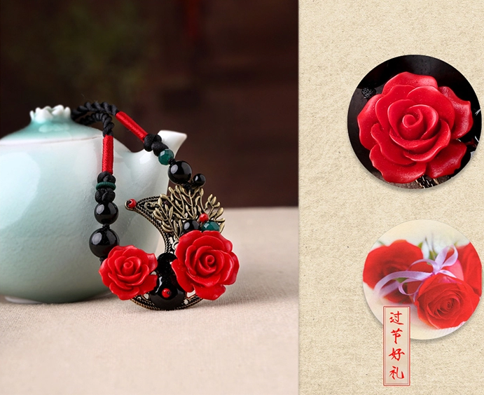 家佳樂(lè)文學(xué)紅色玫瑰吊墜復(fù)古項(xiàng)鏈新娘首飾