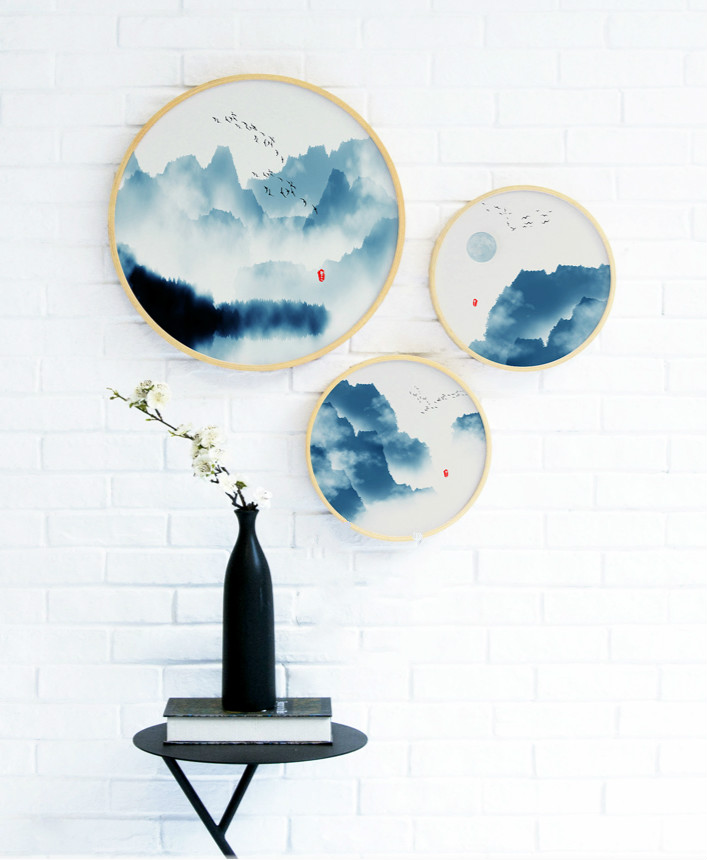 中式禪意創(chuàng)意圓形山水有情水墨裝飾畫(huà)