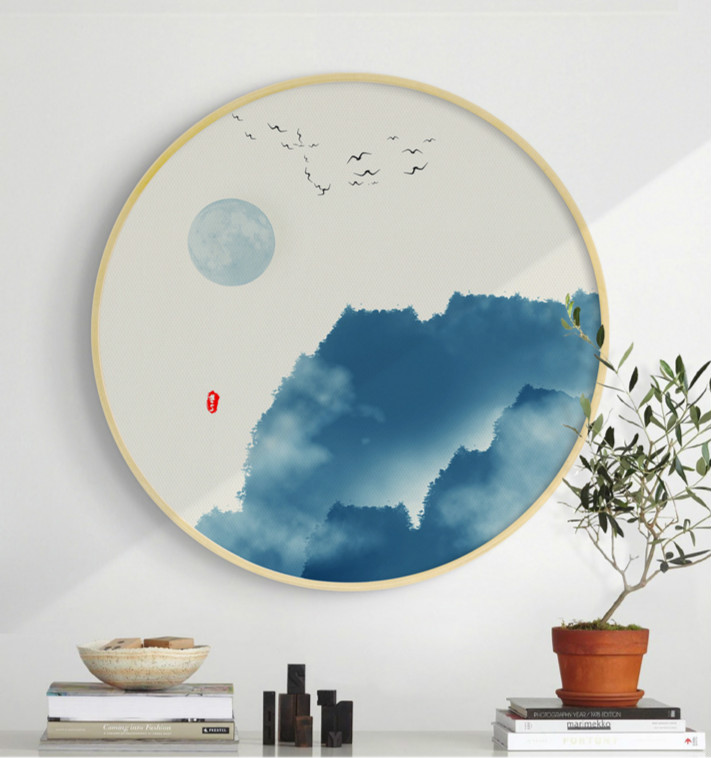 中式禪意創(chuàng)意圓形山水有情水墨裝飾畫(huà)