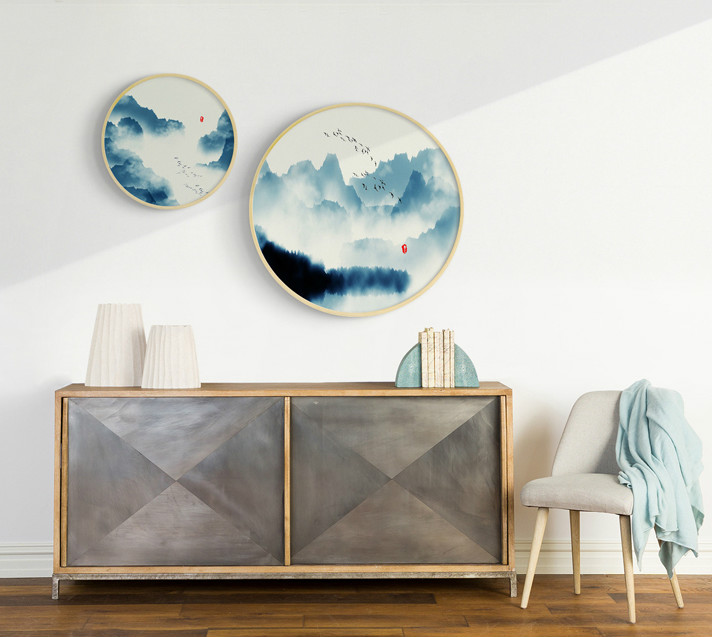 中式禪意創(chuàng)意圓形山水有情水墨裝飾畫(huà)