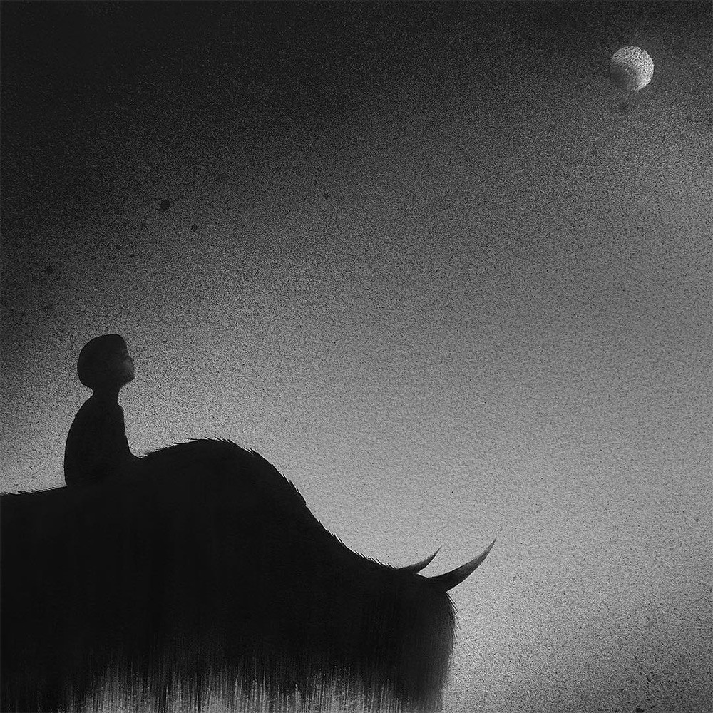 黑白水彩手繪裝飾畫，孩子與野獸