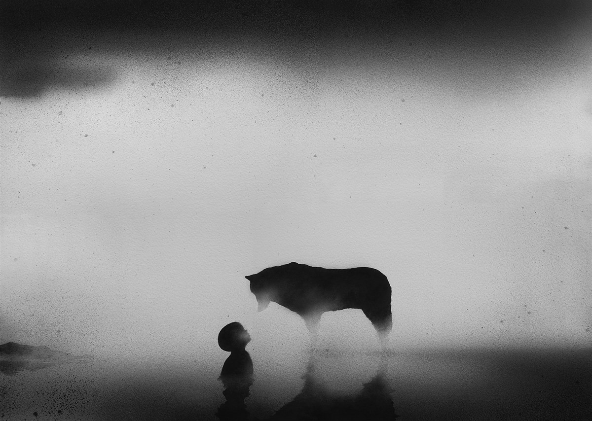 黑白水彩手繪裝飾畫，孩子與野獸