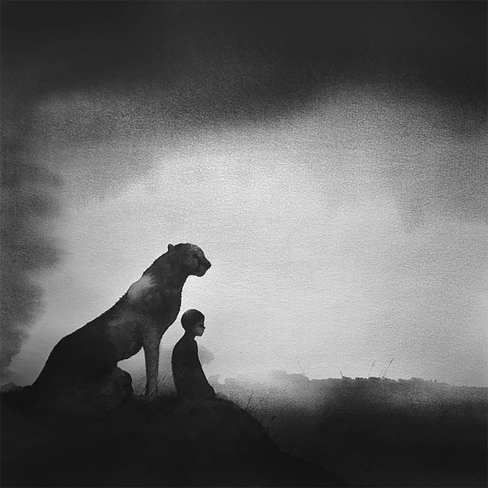 黑白水彩手繪裝飾畫，孩子與野獸