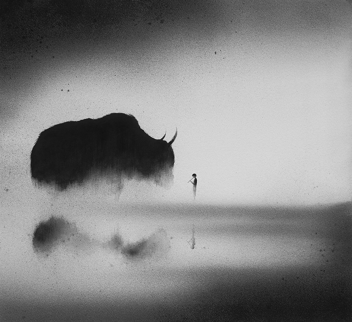 黑白水彩手繪裝飾畫，孩子與野獸