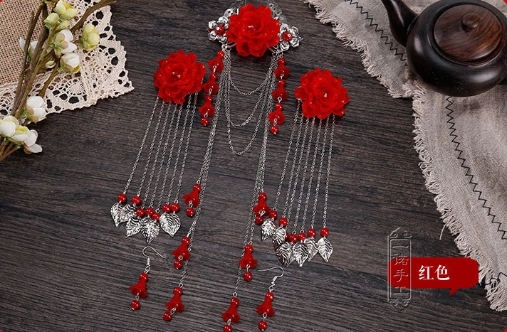 雪蓮花古風頭飾長款古典流蘇頭花