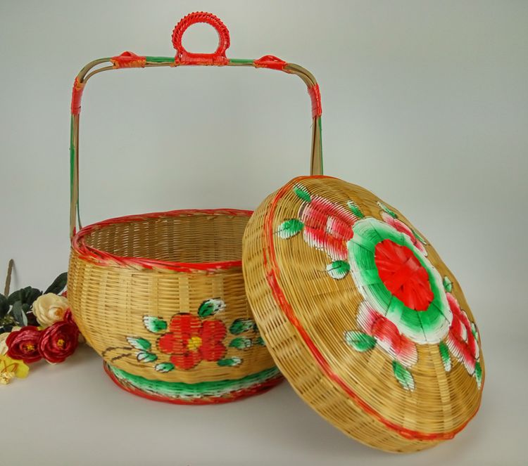 手工竹編竹籃，手繪彩繪禮品籃