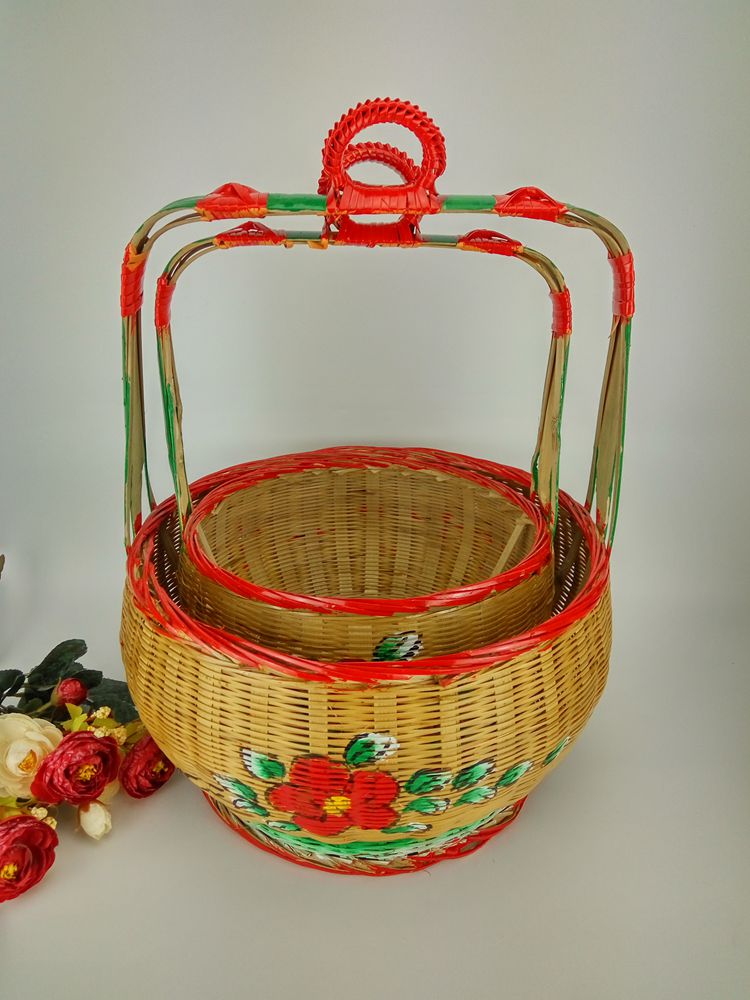 手工竹編竹籃，手繪彩繪禮品籃
