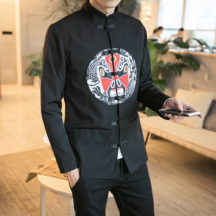 中國傳統(tǒng)元素臉譜刺繡家佳樂文學唐裝