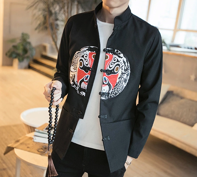 中國傳統(tǒng)元素臉譜刺繡家佳樂文學唐裝