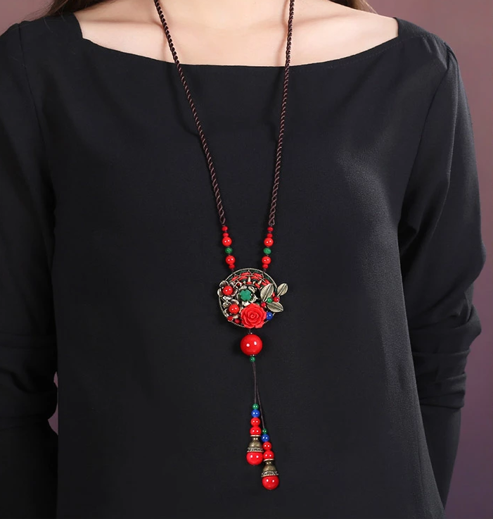 家佳樂(lè)文學(xué)紅色配飾民族風(fēng)吊墜長(zhǎng)款項(xiàng)鏈