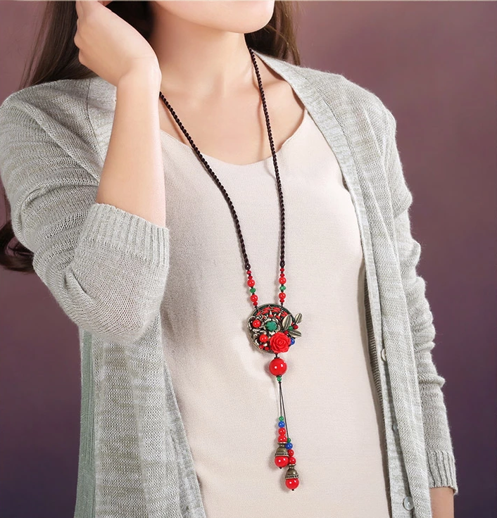 家佳樂(lè)文學(xué)紅色配飾民族風(fēng)吊墜長(zhǎng)款項(xiàng)鏈
