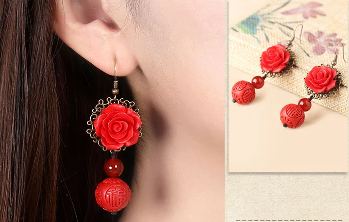 家佳樂(lè)文學(xué)紅色耳墜新娘配飾漆雕耳環(huán)
