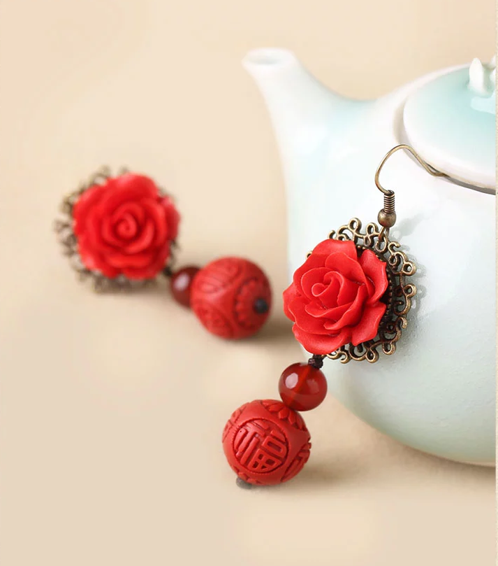 家佳樂(lè)文學(xué)紅色耳墜新娘配飾漆雕耳環(huán)